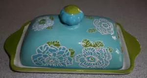 Dutch Wax By Coastline Imports Blue Green Floral Embossed Stoneware Butter Dish - Picture 1 of 7