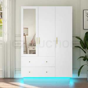 Mirrored Wardrobe Cabinet Dresser Bedroom Clothes Storage Organiser LED Cupboard - Picture 1 of 12