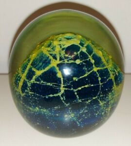 MDINA  ART GLASS PAPERWEIGHT WITH BLUE & YELLOW NET or WEB EFFECT 