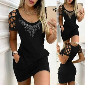 Womens Sparkly Mini Shirt Dress Bodycon Ladies Summer Gothic Punk Party Clubwear - Picture 1 of 24