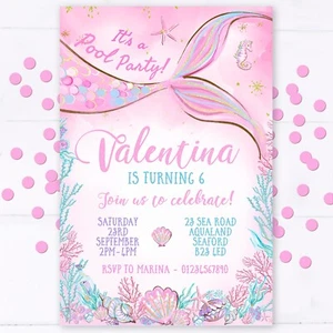 Personalised Mermaid Pool Party Invitations, Birthday Invites, 10 + envelopes - Picture 1 of 1