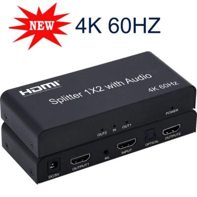 4K 60HZ HDMI 2.0 1x2 Splitter Audio Extractor Video Converter Laptop To Monitor - Image 1 of 4