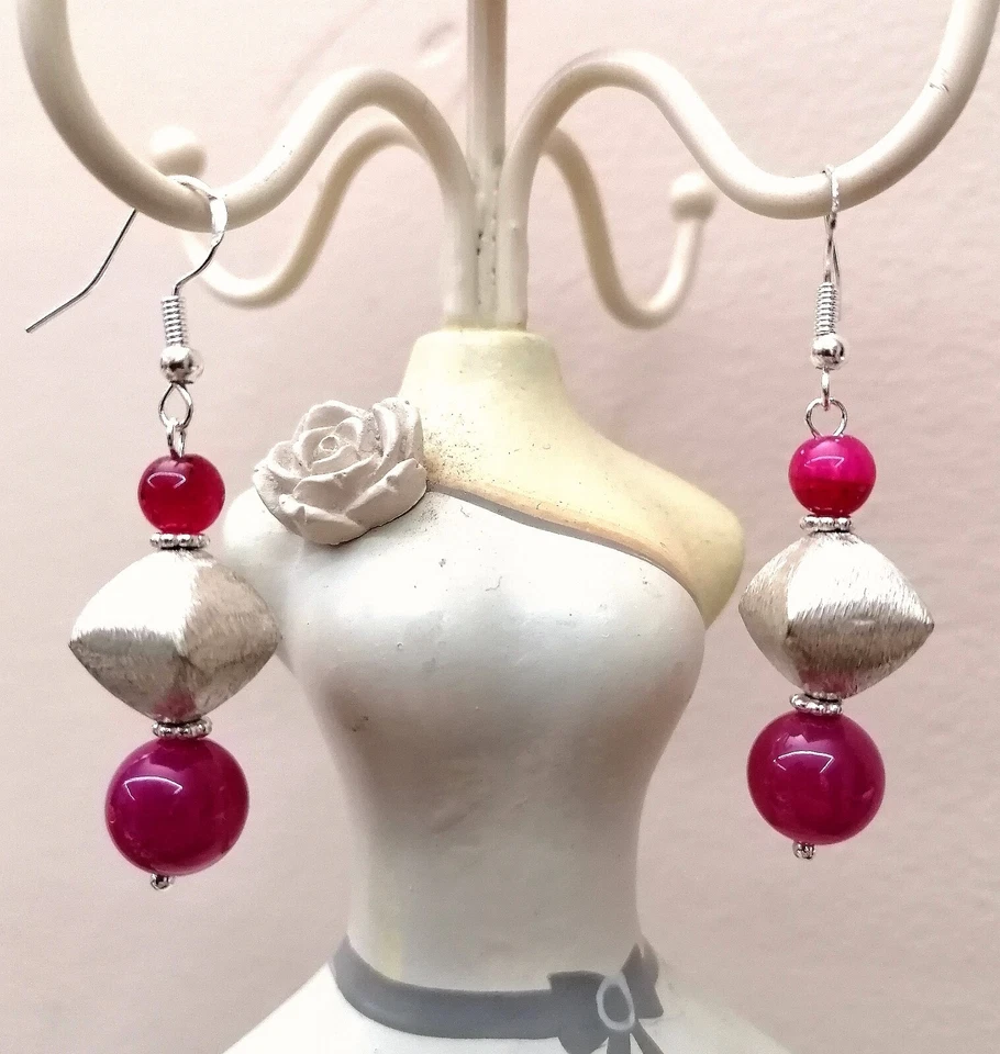 orecchini argento 925 Agata Fucsia e rombo ottone spazzolato  - Immagine 1 di 1