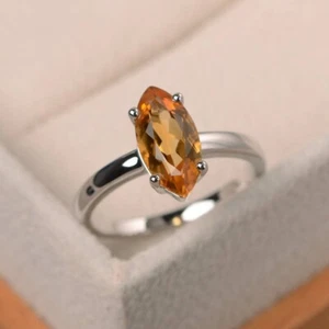 925 Sterling Silver Citrine Women Ring Natural Marquise Gemstone Minimal Ring - Picture 1 of 5