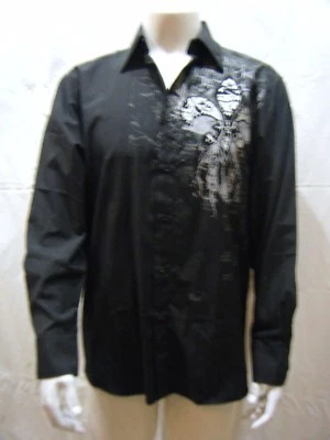 EDDIE DOMANI Mens Black Striped Long Sleeve Shirt T-Shirt w/Silver Detail sz. M - Image 1 of 4