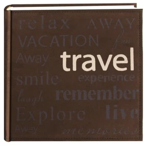 Pioneer Travel Text Design Sewn Faux Suede Cover Photo Album, Brown - Picture 1 of 4