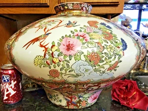 RARE Antique Oriental Chinoserie 17+"W Squat Vase HAND PAINTED Gold Plated UNIQ! - Picture 1 of 13