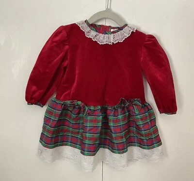 Vestido Vintage Años 80 Navidad Terciopelo Rojo con Encaje - Talla 2T  Foto 1 de 4