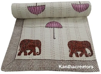 Colcha reversible de algodón con estampado de elefante edredón Kantha de algodón indio Foto 1 de 4