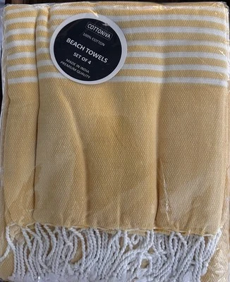 "Nuevo juego de 4 toallas peshtemal de playa turcas Cottoniva amarillo/blanco 100 % algodón 40""x72""" Foto 1 de 4