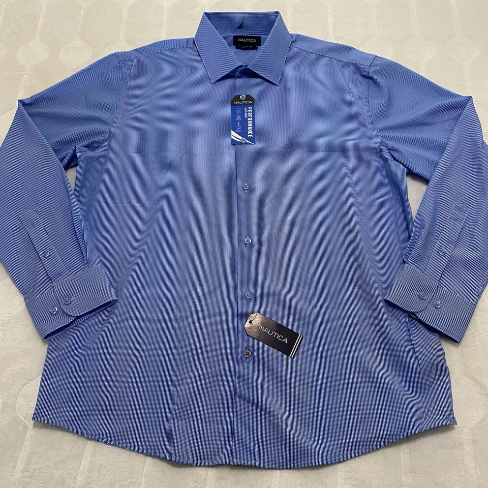 NWT Nautica Performance Dress Shirt Large 16-16.5 32/33 Blue Slim Fit Stretch - Image 1 of 4