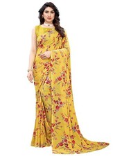 Women's Soft Georgette Beautiful Floral Printed Saree With Blouse Piece, Yellow
