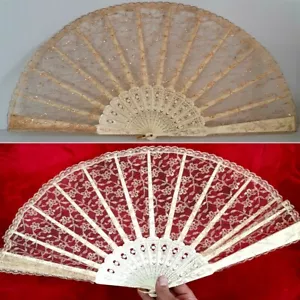Antique Victorian Hand Fan Carved Plastic, Lace Sequins Gold Threads Old Nice - Picture 1 of 12