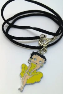 Betty Boop in a Yellow Dress Charm on Black Suede Cord Necklace - Picture 1 of 3