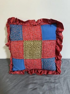Vintage Patchwork Handarbeit Kissen Leinen Baumwolle rot & blau mit Bordüre 14" - Bild 1 von 4
