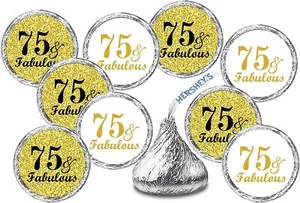 75 & Fabulous Birthday Gold Kisses Stickers, (Set of 216) Chocolate Drops Labels - Picture 1 of 4