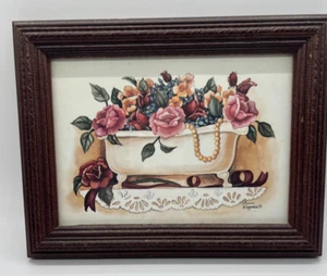 Laurie Korsgaden Framed Picture Print Bathtub W Flowers Glass Frame VTG Bathroom - Picture 1 of 5