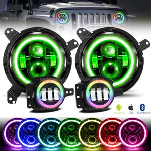 Pair For Jeep Wrangler JL 18-21 LED Headlight Halo RGB Lights + 4'' Fog Lamp KIT - Bild 1 von 12