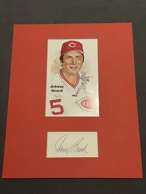 Johnny Bench Signed Index Card Matted w/ Perez Steele 8x10 Display JSA LOA HOF  - Image 1 of 3