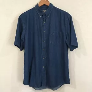 George Men L 42-44 Shirt Blue Denim Button Up Short Sleeve 100% Cotton Western - Picture 1 of 11