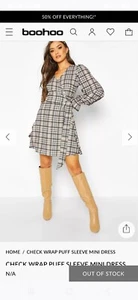Boohoo Check Wrap Puff Sleeve Mini Dress, Size 10 BNWT - Picture 1 of 9
