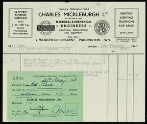 Reino Unido 1943 Charles Mickleburgh Ltd, eléctrico y mecánico, Paddington. Recibo. - Imagen 1 de 2
