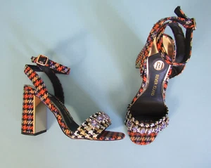 Size: 6 RIVER ISLAND High Heel Sandal Block Herringbone w/ Jewels Womens Orange - Picture 1 of 11