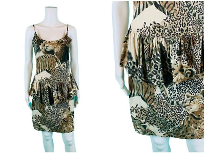 Vintage 1980s Animal Print Mini Dress Lion Tiger Peplum Sundress Party B 34" - Image 1 of 4