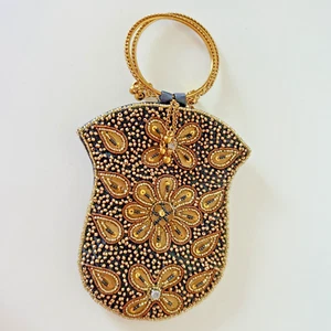 Vintage Evening Handbag Gold Beaded Stones Sequins with Rings Handles - Picture 1 of 10