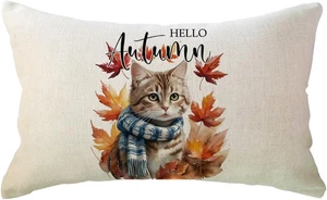 Fall Cat Throw Pillow Cover Maple Leaves Cat Print Cushion Cover Hello Autumn Fa - Picture 1 of 6