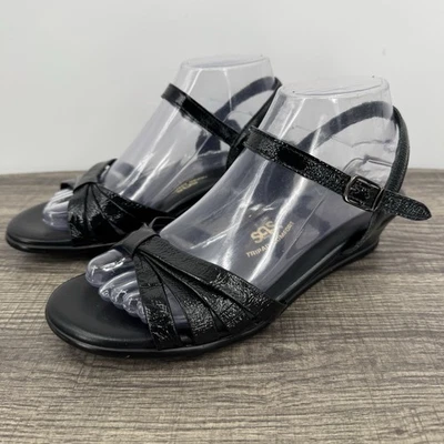 SAS Women's Strippy-P Sandal Black Patent Leather Low Wedge Sandal Sz 7 1/2 WW - Image 1 of 4