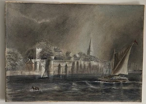 Antique Watercolour painting coastal seascape with boats 19th century signed - Picture 1 of 4