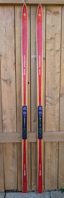 Great Old Wooden Snow Skis Vintage Measure 70 inch Long RED and Blonde Finish - Image 1 of 4
