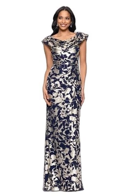 Betsy & Adam Plus Size Floral-Foil Powermesh Sheath Dress - Navy Gold - 22W - Image 1 of 4