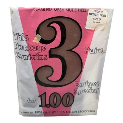 Medias de malla sin costuras vintage 3pr WT Grant tacón nude talla 9 beige mediano Foto 1 de 2
