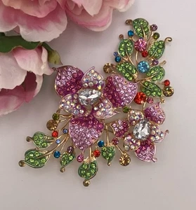 Riesige Blumen Brosche Rosa & Grün Strass 3D Brosche Atemberaubend 5 cm!  - Bild 1 von 9