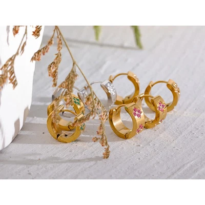Pendientes de aro de acero inoxidable circonita cúbica para mujer verde rosa dorado joyería elegante Foto 1 de 4