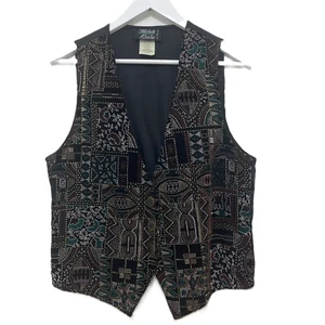 Michele Leslie Velvet Vest M 80s Vintage Metallic Tribal Print Boho - Picture 1 of 14