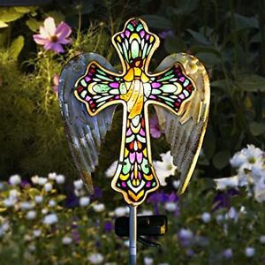 Solar Colored Glass Cross Lights Cemetery Solar Lights for Grave Decorations 