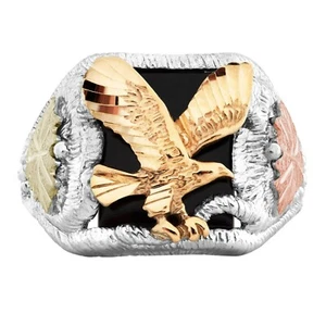 Onyx Eagle - Herren Silber Schwarz Hügel Goldring / Maßgeschneidert Made in USA Geschenkbox - Bild 1 von 2