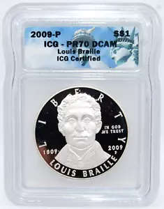 2009-P $1 Louis Braille Commemorative Proof Silver Dollar - ICG PR70 DCAM - Picture 1 of 4