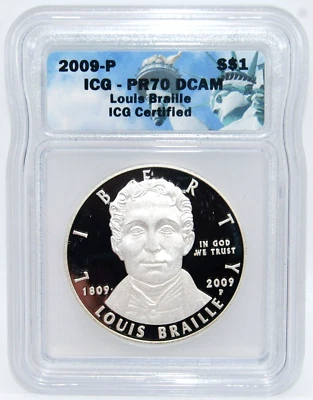 2009-P $1 Louis Braille Commemorative Proof Silver Dollar - ICG PR70 DCAM - Image 1 of 4