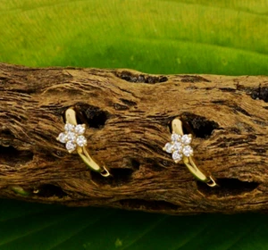 14k Yellow Gold Goshenite Gemstone Cluster Flower Mini Hoops/Hoop Earrings - Picture 1 of 5