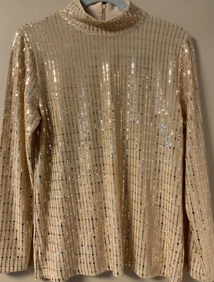 Blusa Anne Klein Dorada Lentejuelas Cuello Simulado Manga Larga Talla S Nueva con Etiquetas Oro Champagne Foto 1 de 4