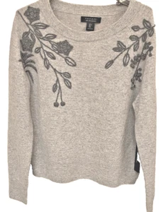 NWT TAHARI 100% 2PLY-CASHMERE GREY SWEATER FRONT FLORAL EMBROIDERY LONG SLEEVE L - Picture 1 of 10