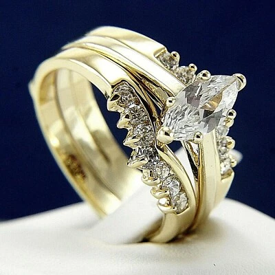 14k Gold tone engagement wedding bridal groom woman's CZ ring 2pc set - Image 1 of 4