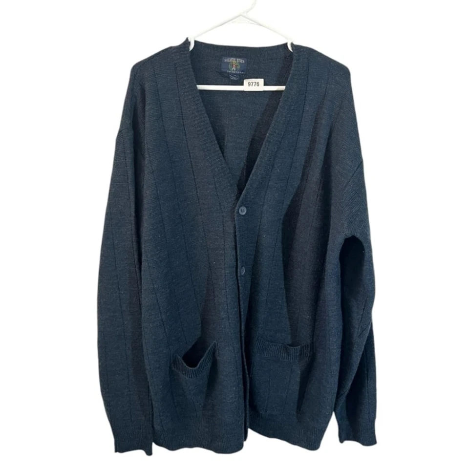 VTG Salmon River Knit Wool Cardigan Sweater Button Closure Men's Sz XLT Navy - Image 1 of 4