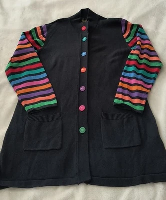 SUÉTER ARTÍSTICO PORTÁTIL VINTAGE BOB MACKIE NEGRO CON MANGAS A RAYAS ARCO IRIS TALLA L Foto 1 de 2