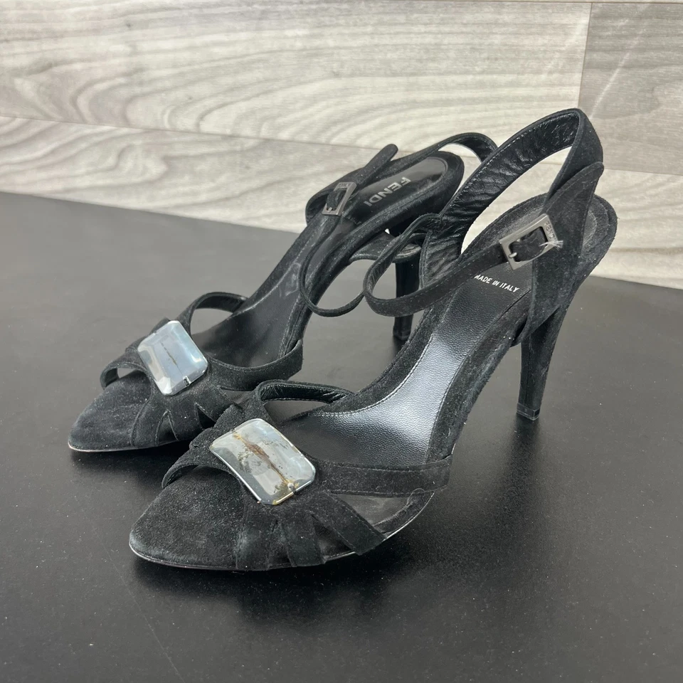 Fendi Strappy Heels Women's 8 Black Suede Adjustable Straps Sandals Y2K Preppy - Image 1 of 4