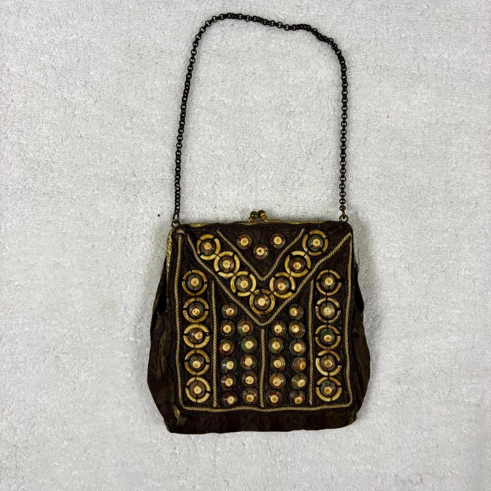 Vintage 1900s Antique Beaded Evening Bag Art Deco Silk Handbag w/ Mirror - Image 1 of 4
